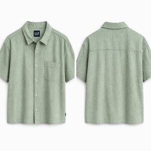 GAP Mens XXL Sage Green Seersucker Short Sleeve Button Down Shirt Cotton Pocket